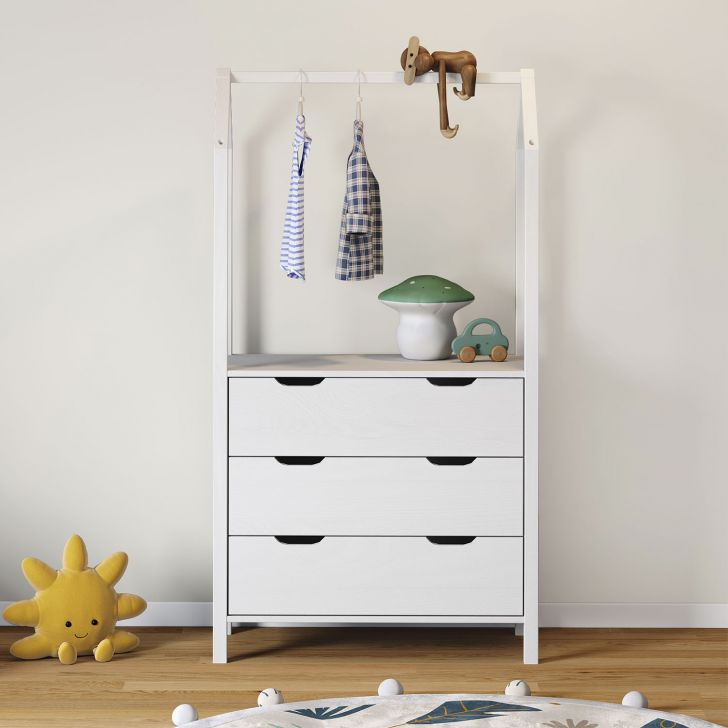Cômoda Infantil Branco Montessori Madeira com Arara 3 Gavetas Amira