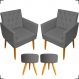 Kit 2 Poltronas Decorativas Nina Com Base E Capitonê + 2 Puff Redondo Suede Cinza Pé Castanho - Clique E Decore
