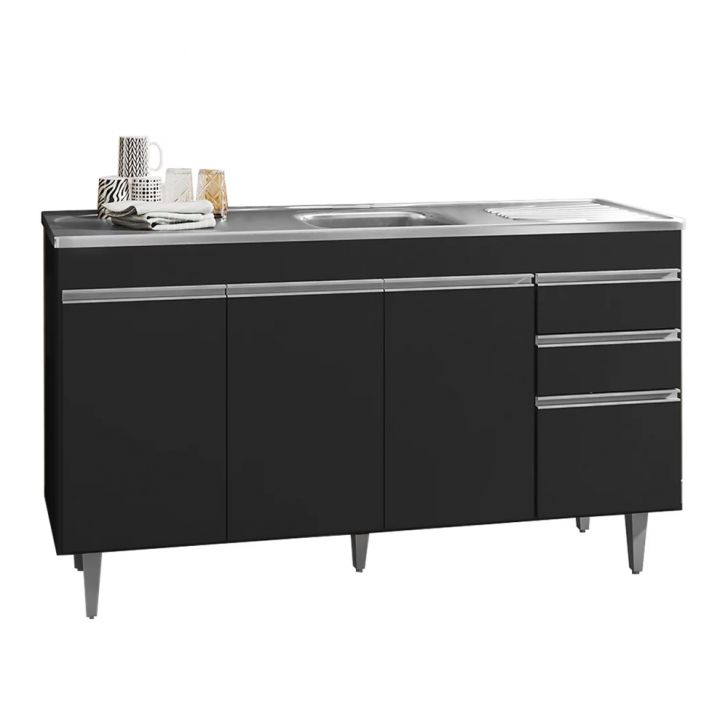 Balcão de Cozinha Com Pia Inox 160cm 3 Gavetas Andréia Preto - AJL Móveis