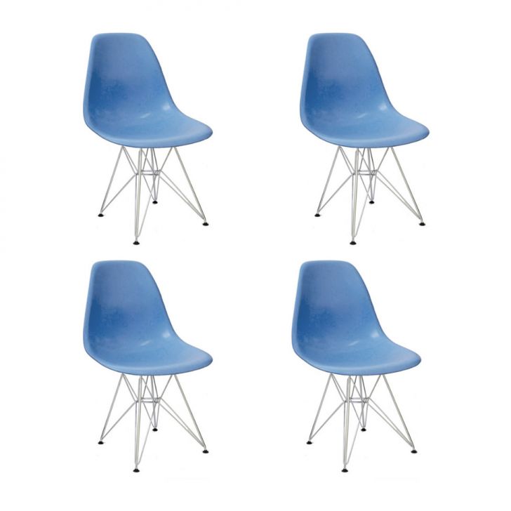 Conjunto com 4 Cadeiras DKR Eames Azul e Cromado
