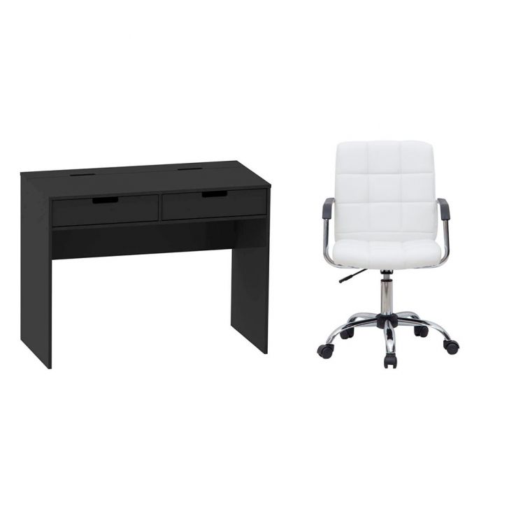 Conjunto de Mesa New Preta com Cadeira de Escritório Secretária Giratória Fitz Branca