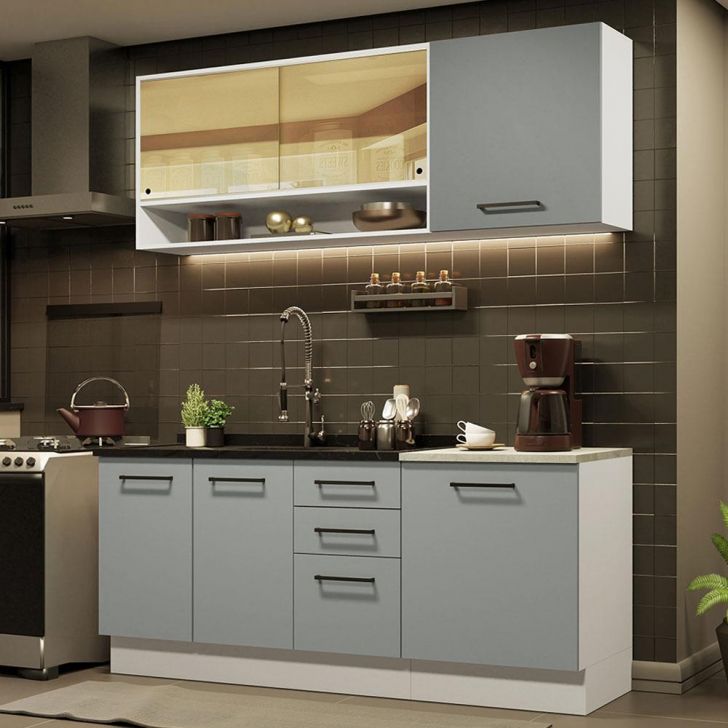 Cozinha Completa Madesa Agata 180002 com Armário e Balcão (Sem Tampo e Pia) - Branco/Cinza