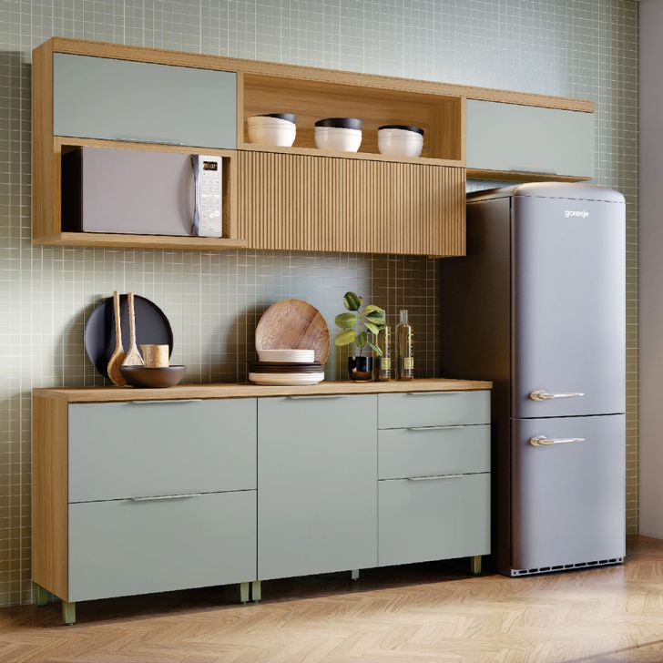 Cozinha Compacta Marquesa 100% MDF 5 Portas 4 Gavetas Verde e Nature