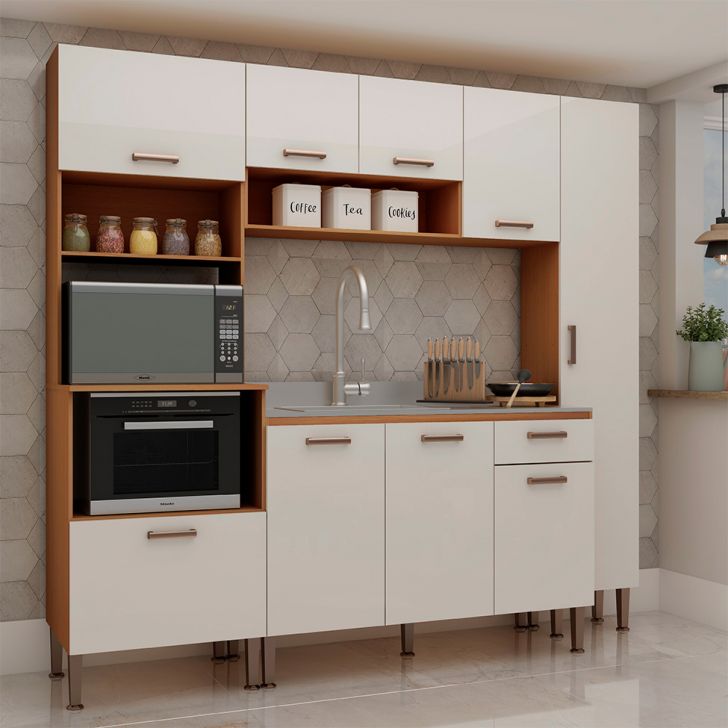 Cozinha Compacta Essência 100% MDF 9 Portas 1 Gaveta Frejó e Off White