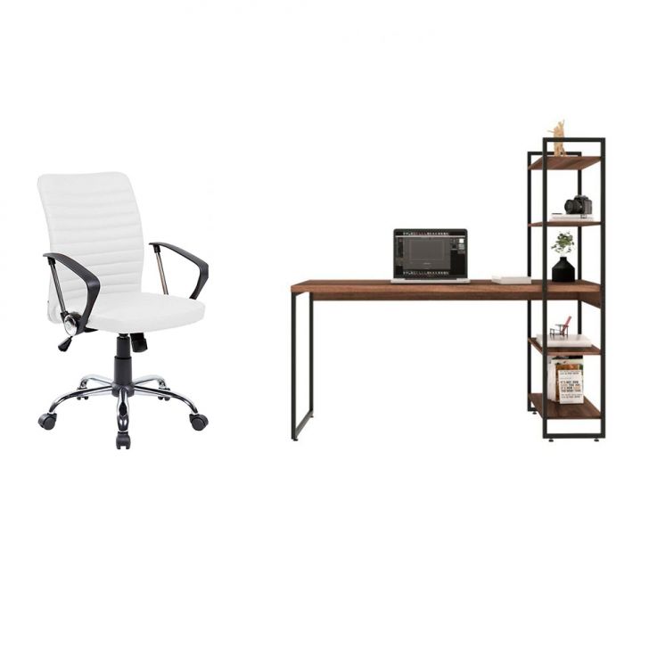 Conjunto de Mesa Studio com Estante Nogal e Preta 146 cm com Cadeira de Escritório Diretor Giratória Oslo Branca
