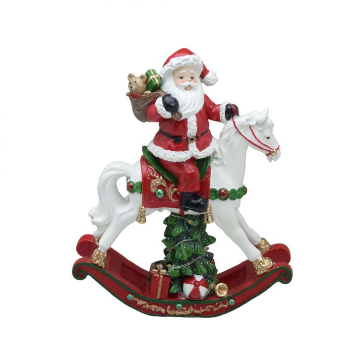 Enfeite Natalino Espressione Papai Noel com Cavalo Vermelho e Branco 18 cm