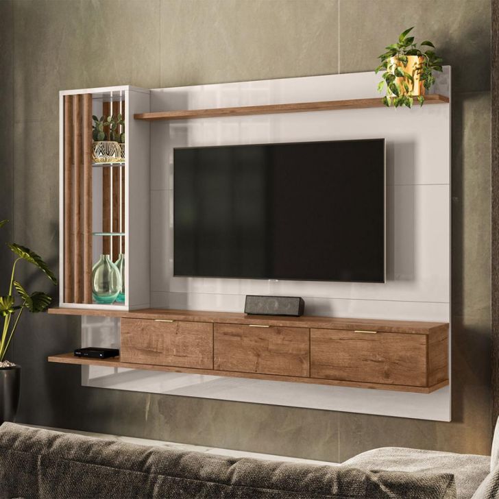 Painel Sala Leblon para Tv até 60 Polegadas Espelho 3 Portas Off White/Madero Canela