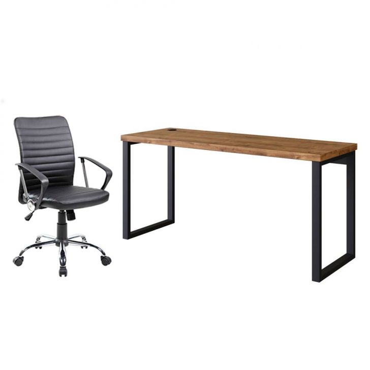 Conjunto de Mesa Miguel Marrom com Cadeira de Escritório Diretor Giratória Oslo Preta