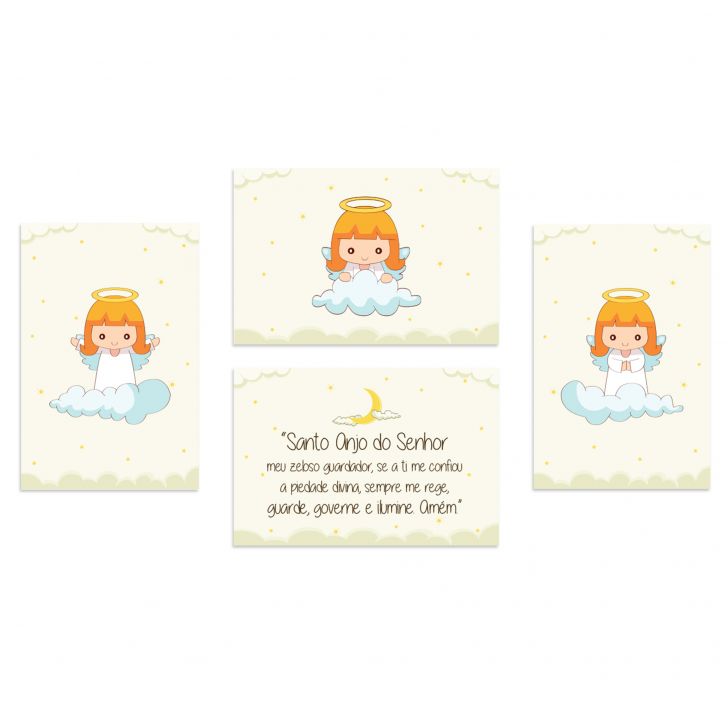 Placas Decorativas Anjos da Guarda Amarelo Kit 4un 30x40cm