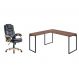 Conjunto de Mesa Kuadra Nogal 150 cm com Cadeira de Escritório Presidente Giratória com Relax Clark Preta e Dourada