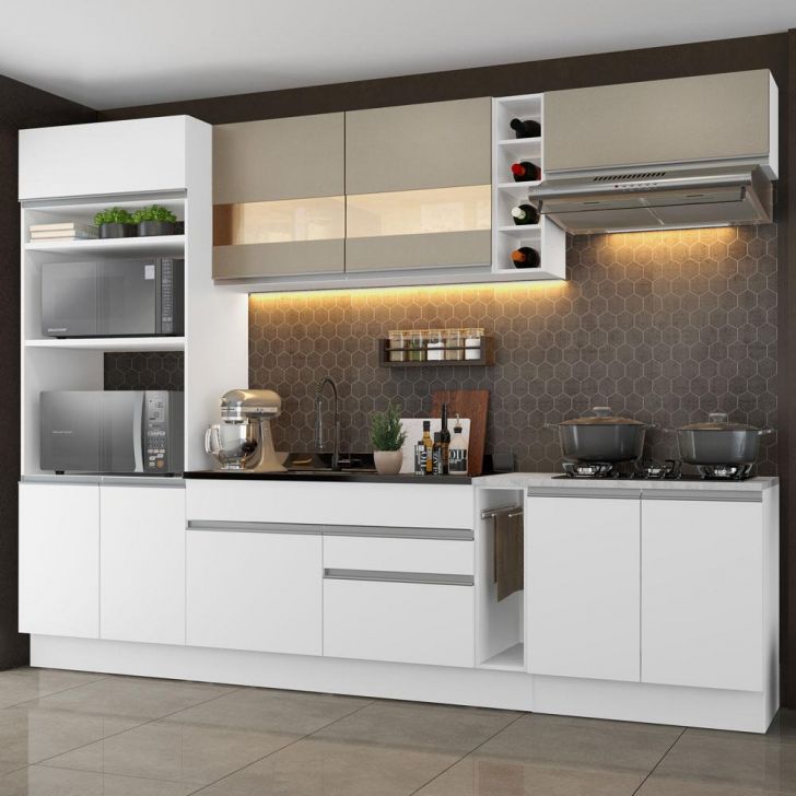 Cozinha Completa Madesa Vicenza com Armário e Balcão (Sem Tampo e Pia) - Branco/Branco/Crema