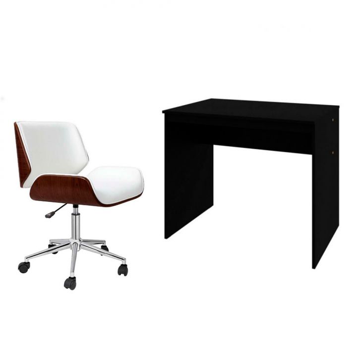 Conjunto de Mesa Office Preta com Cadeira de Escritório Diretor Giratória Lauren Branca