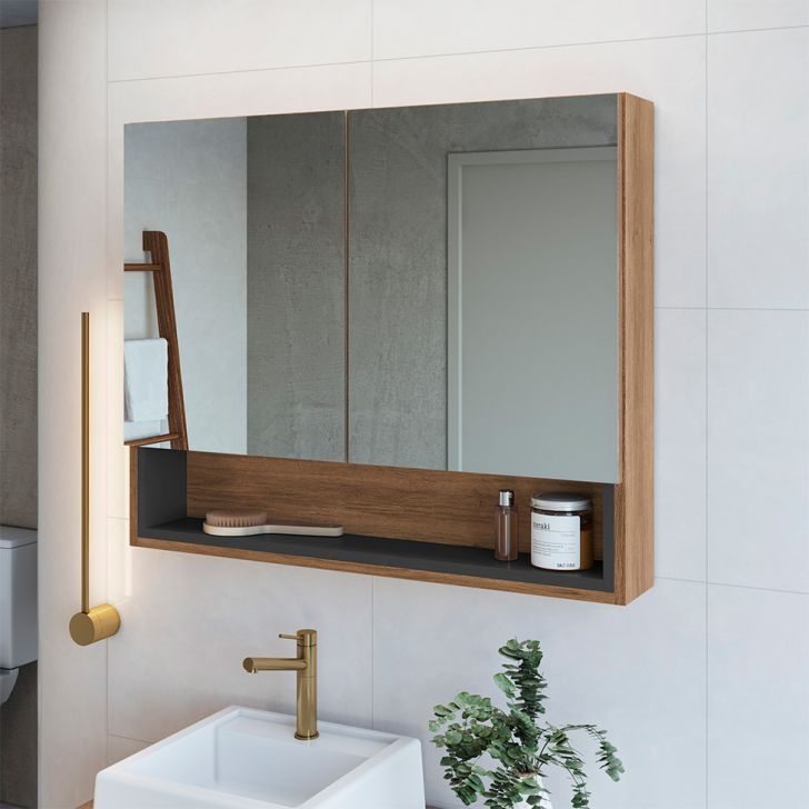 Armário de Banheiro com Espelho Helena 2 Portas Mel e Grafite