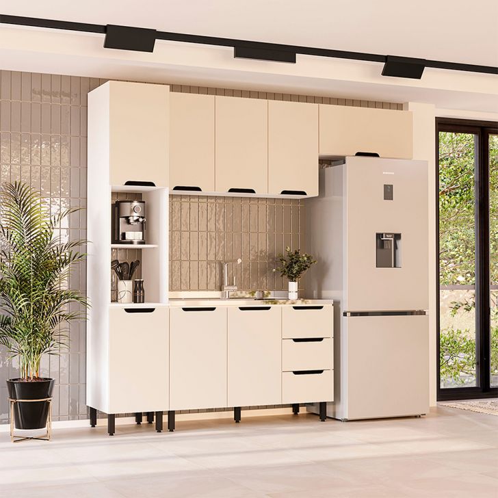 Cozinha Compacta Sem Tampo Meena 8 Portas 3 Gavetas Creme e Branca