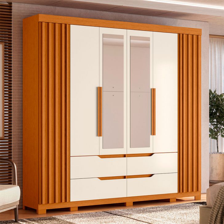 Image of Guarda-roupa Casal Com Espelho Doble 4 Portas 4 Gavetas Cinamomo E Off White PLA-MO895CL12RDVMOB