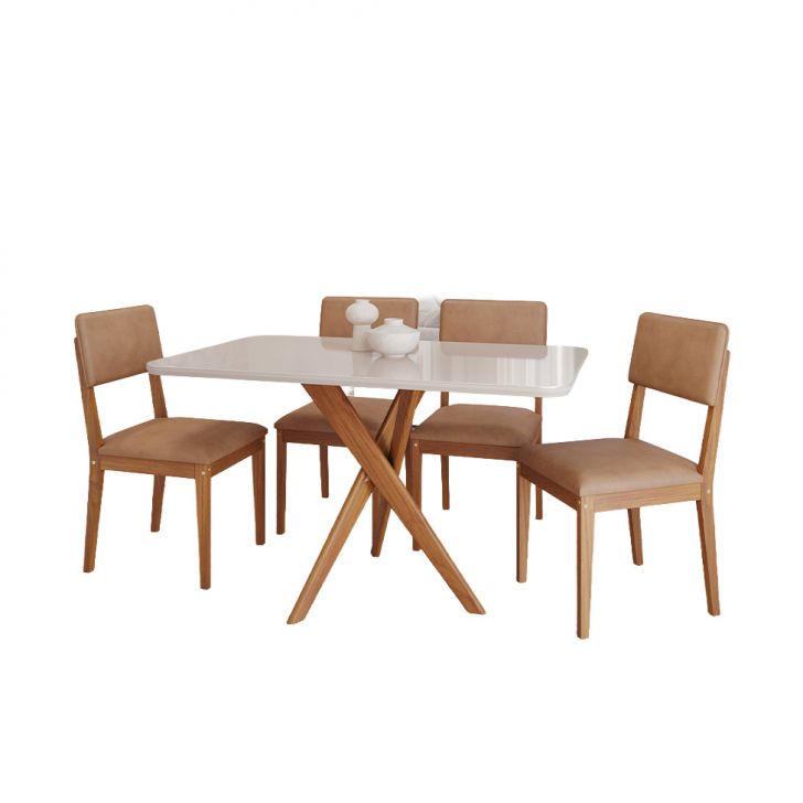 Conjunto De Mesa Retangular Com Tampo De Vidro Off White Cacau E 4 Cadeiras Sabiá Revestimento Sintético Marrom E Cinamomo