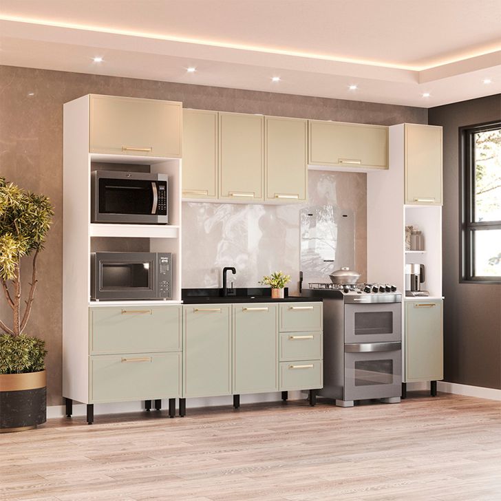 Cozinha Compacta Sem Tampo com Paneleiro Amara 10 Portas 4 Gavetas Verde e Branca