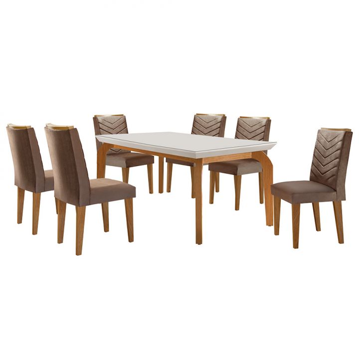 Conjunto De Mesa De Jantar Retangular Com Tampo De Vidro Off White E 6 Cadeiras Turquesa Veludo Marrom E Imbuia