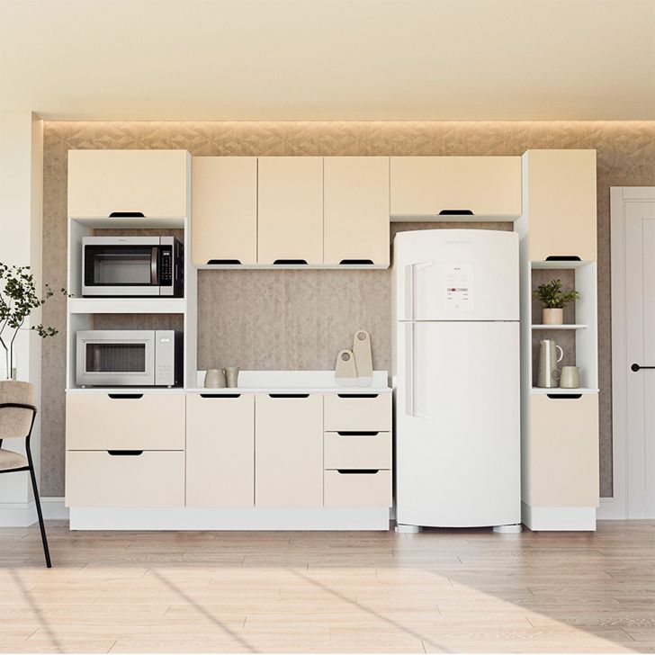 Cozinha Completa com Tampo, Paneleiro e Rodapé Meena 10 Portas 4 Gavetas Creme e Branca