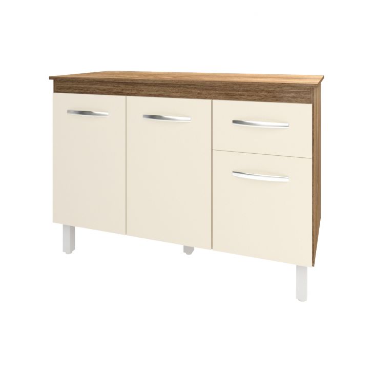 Balcão Gabinete Para Pia 118 cm Cozinha Aline Savana Off White com Tampo Tampão 120 cm Savana