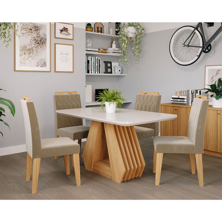 Conjunto De Mesa De Jantar Retangular Com Tampo De Vidro Off White Agata E 4 Cadeiras Paola Suede Joli E Nature