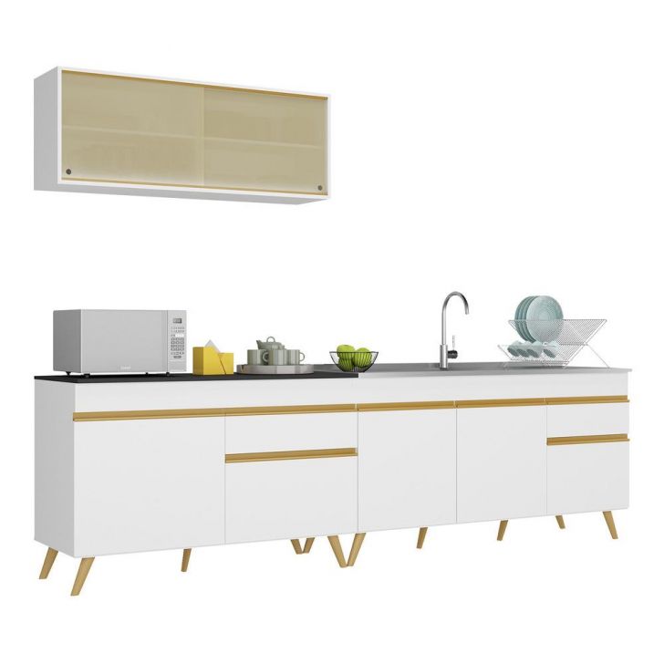 Armário de Cozinha Compacta 270cm Veneza Multimóveis V2077 Branco/Dourado