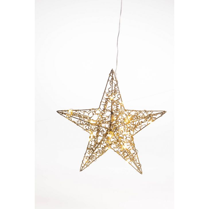 Estrela Decoração Natal Com Luz 20Leds Glitter 30Cm Ouro