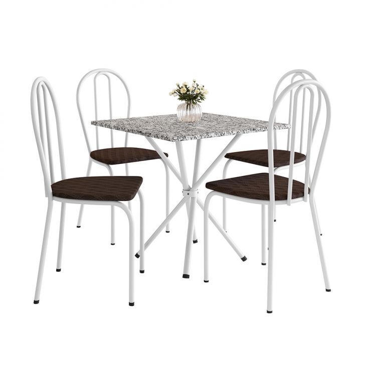 Conjunto de Mesa Quadrada com Tampo Granito e 4 Cadeiras Léia Revestimento Sintético Branco e Cacau