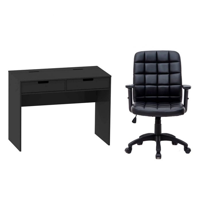 Conjunto de Mesa New com Cadeira de Escritório Diretor Giratória Fitz com Braços Ajustáveis Preta