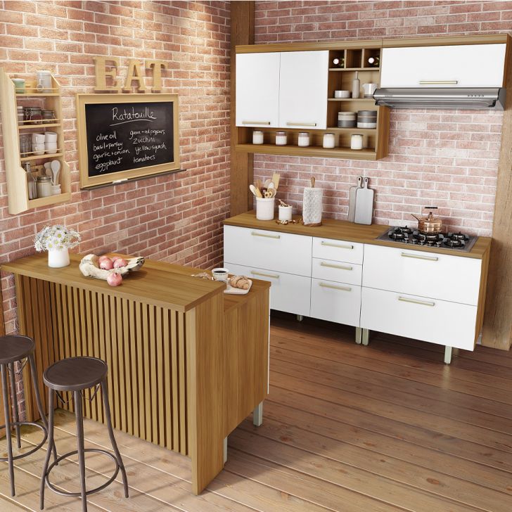 Cozinha Completa Burguesa Premium com Ilha 8 Portas 7 Gavetas Freijó e Branca