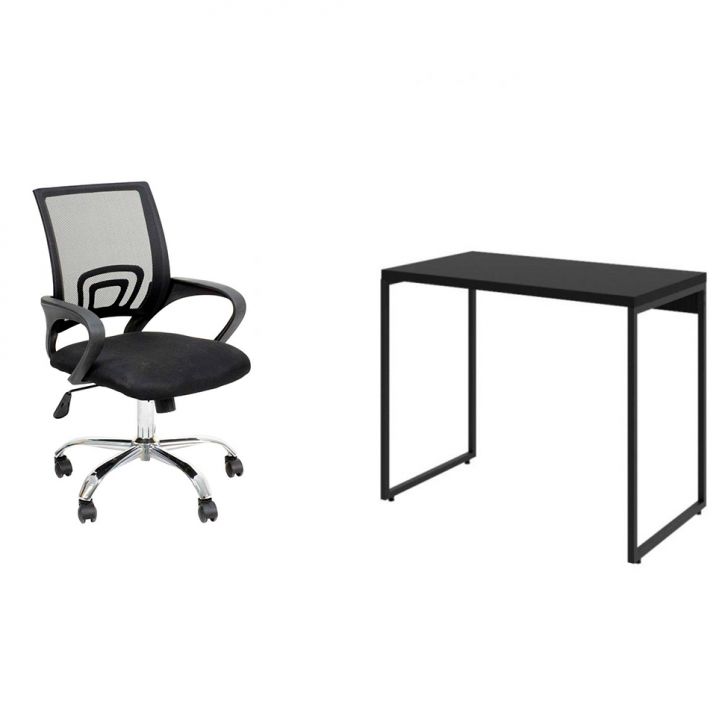 Conjunto de Mesa Studio com Cadeira de Escritório Secretária Giratória New Java Preta