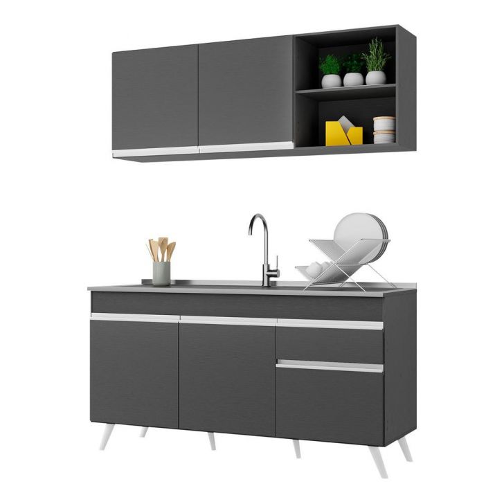 Armário de Cozinha Compacta 150cm Veneza Multimóveis V2079 Preto/Branco