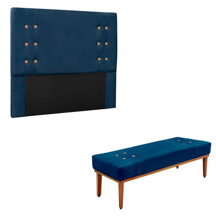 Conjunto de Cabeceira Casal com Recamier Gênova Suede Azul Marinho