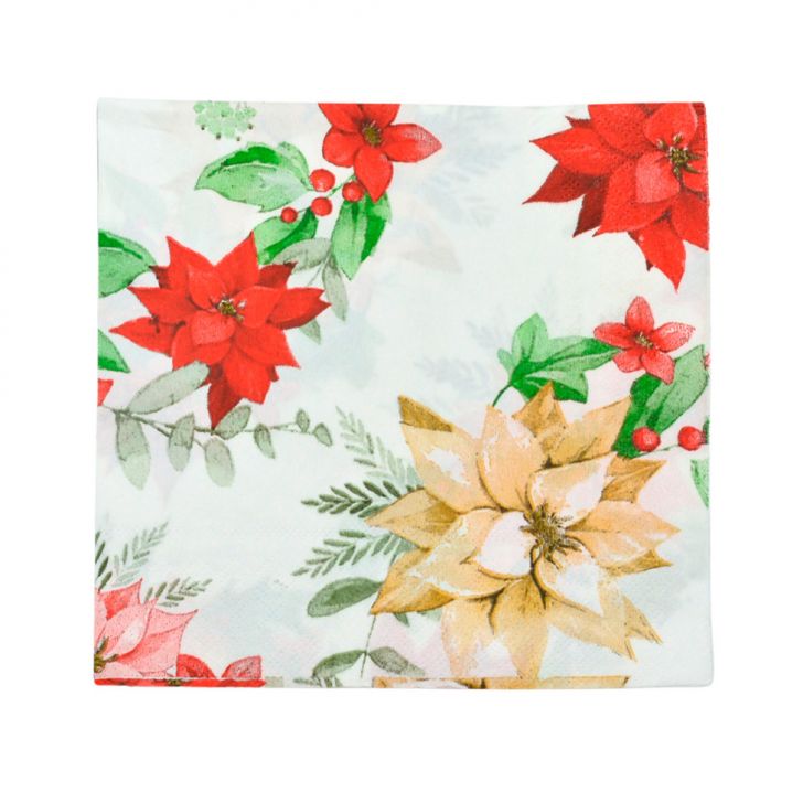 Guardanapo de Papel Natalino Floral Bege e Vermelho