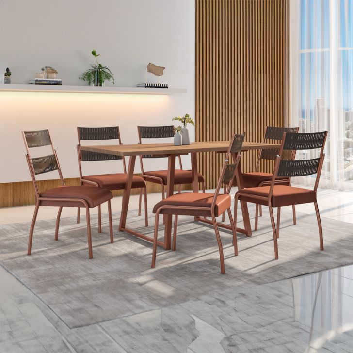 Conjunto De Mesa Retangular Com Tampo De Mdp Marrom Claro Atlanta E 6 Cadeiras Atenas Revestimento Sintético Terracota E Cobre
