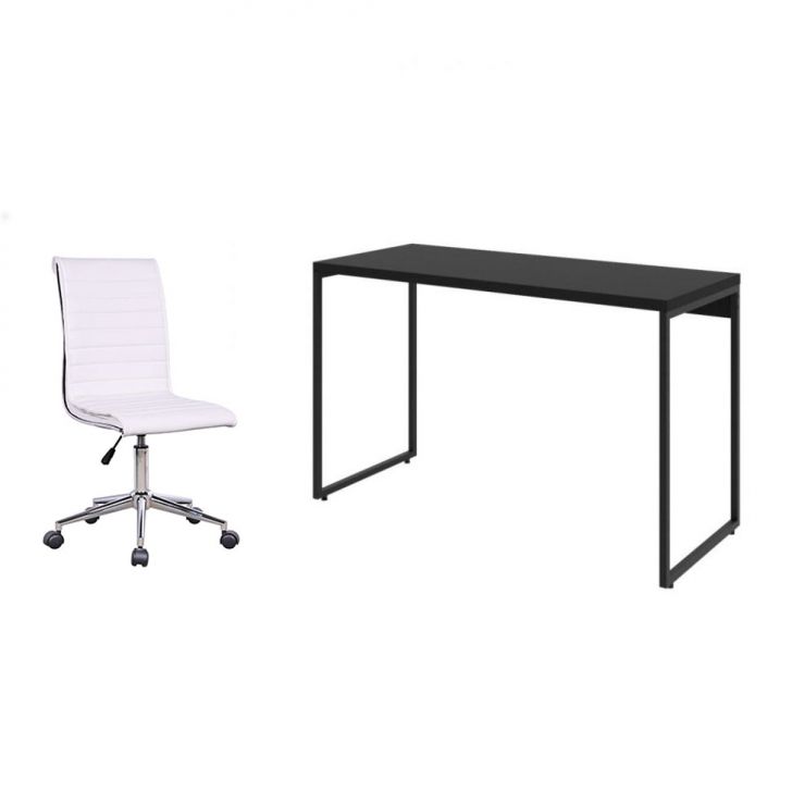 Conjunto de Mesa Studio Preta 120 cm com Cadeira de Escritório Secretária Giratória Marilyn Branca