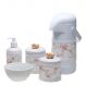Potes, Garrafa, Molhadeira e Porta Álcool-Gel Com Capa Florzinha Dourada Quarto Bebê Infantil Menina