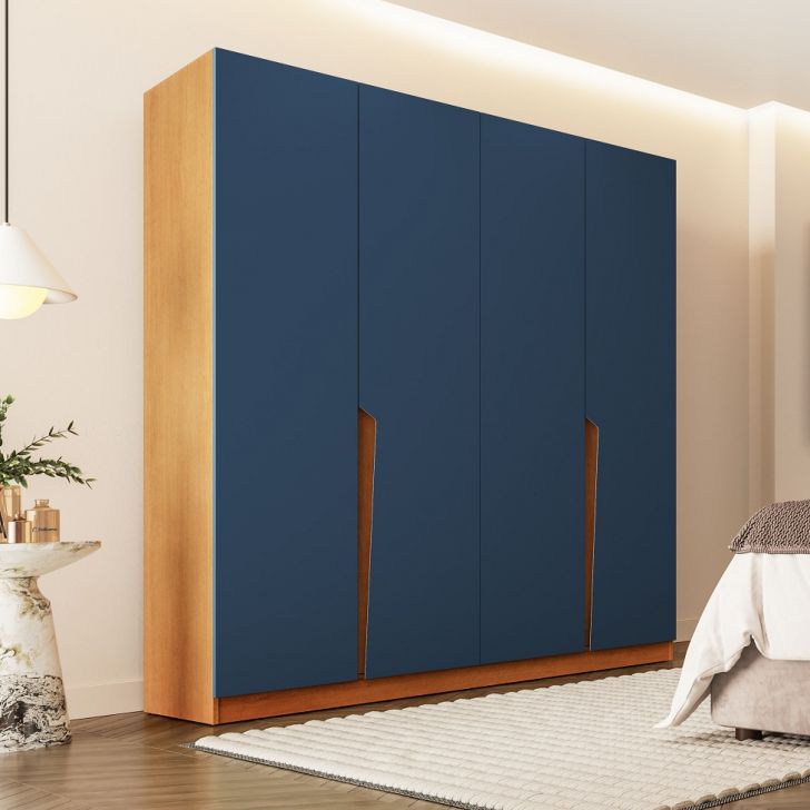 Guarda-roupa Casal Porto 4 Portas 4 Gavetas Freijó E Azul