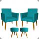 Kit 2 Poltronas Decorativas Reforçadas Para Sala Nina + 2 Puff Redondos Suede Azul Turquesa Pé Castanho - Clique E Decore