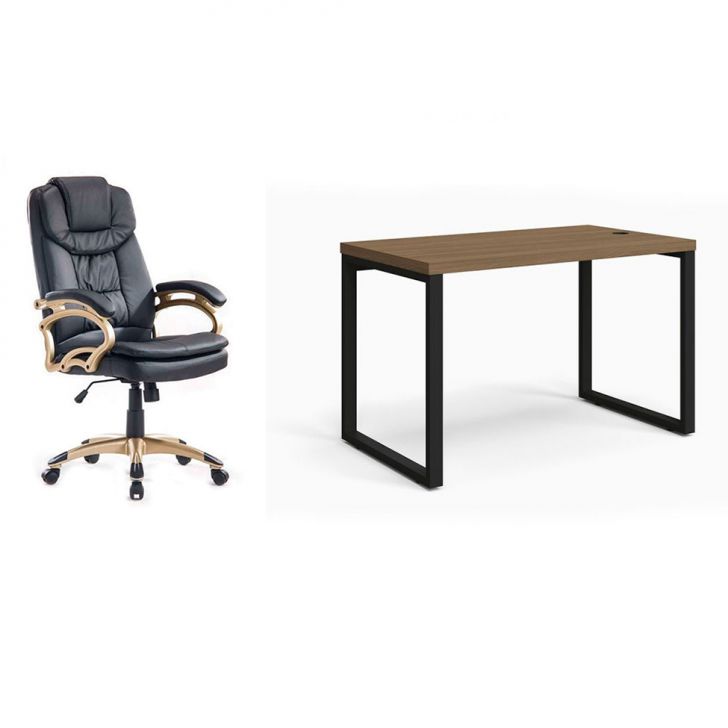 Conjunto de Mesa Munique Carvalho 120 cm com Cadeira de Escritório Presidente Giratória com Relax Clark Preta e Dourada