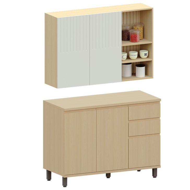 Kit Armário Aéreo com Nicho e Balcão de Cozinha 120 cm Aurora Cinza Cristal Pet/Carvalho