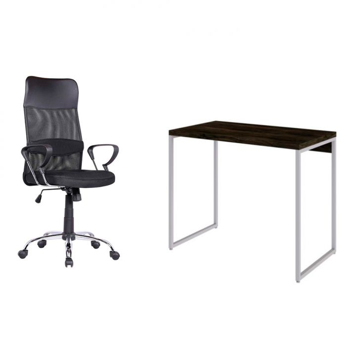 Conjunto de Mesa Studio Carvalho Dark e Branca com Cadeira de Escritório Diretor Giratória Vancouver Preta