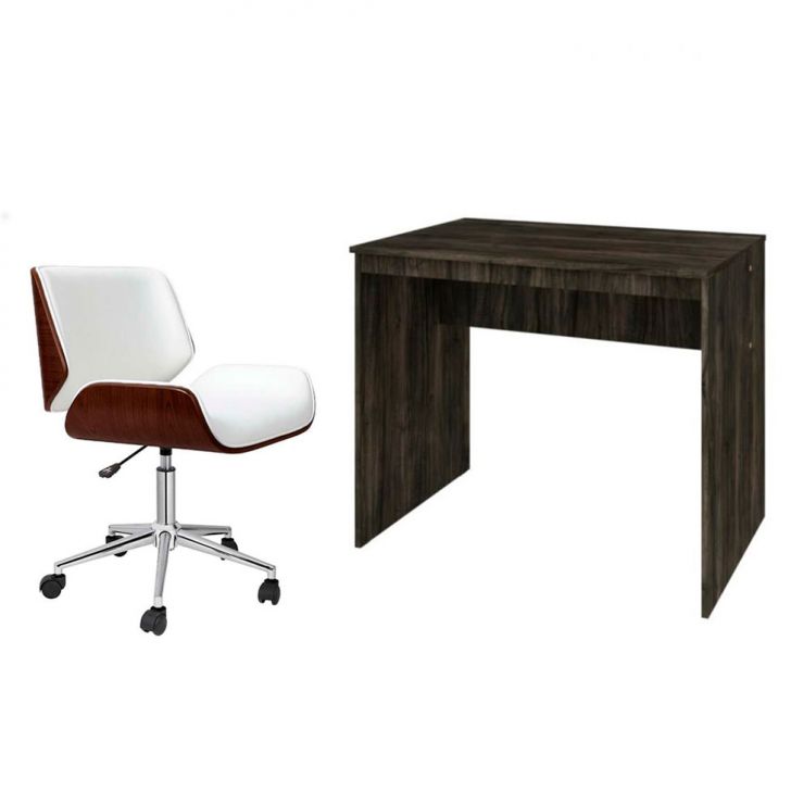 Conjunto de Mesa Office Carvalho Dark com Cadeira de Escritório Diretor Giratória Lauren Branca