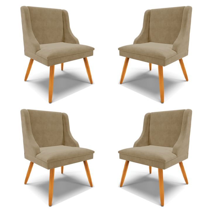 Kit 4 Cadeiras Decorativas Sala de Jantar Pés Palito de Madeira Firenze Suede Nude/Natural G19 - Gran Belo