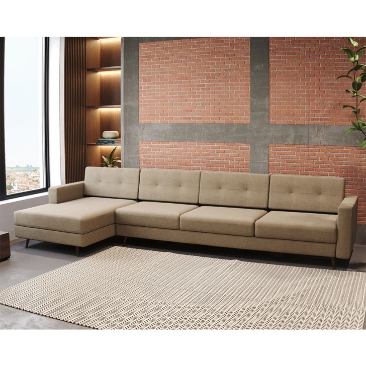 Sofá 4 Lugares Living Com Chaise Esquerdo Pé Palito Linho Cotton Bege