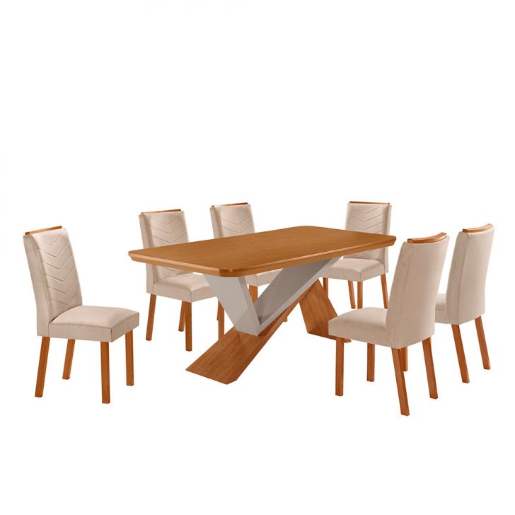 Conjunto De Mesa Retangular Com Tampo Mdf Ayla E 6 Cadeiras Turquesa Veludo Creme E Amadeirado 180 Cm
