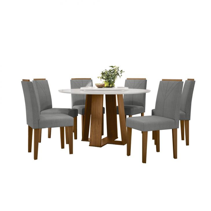 Conjunto De Mesa Redonda Com Tampo De Vidro Off White Isabela E 6 Cadeiras Amanda Linho Cinza Claro E Ypê