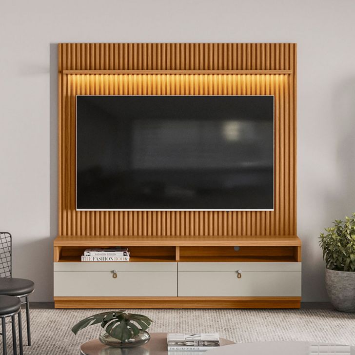 Rack Com Painel Para Tv Até 75 Polegadas Ouro Preto 2 Gv Nature E Off White