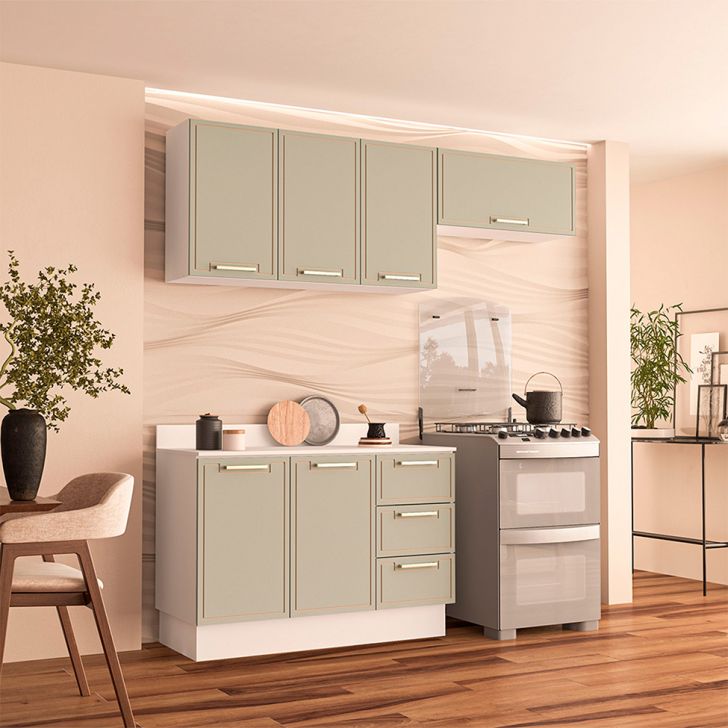Image of Cozinha Completa Com Tampo E Rodapé Amara 6 Portas 3 Gavetas Verde E Branca PLA-MO895CL02PVTMOB