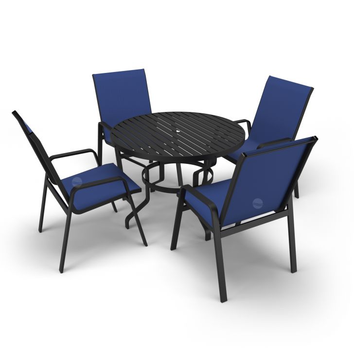 Mesa 4 cadeiras Ripado Piscina Alumínio Preto e Tela Azul